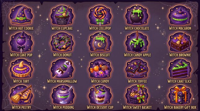 Halloween witch bakery and dessert icon set containing icons for Witch Hat Cookie, Witch Cupcake, Witch Lollipop, Witch Chocolate, Witch Macaron, Witch Cake Pop, Witch Donut, Witch Biscuit, Witch Cand