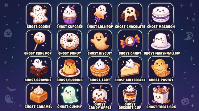 Halloween ghost sweet treat icon set containing icons for ghost cookie, ghost cupcake, ghost lollipop, ghost chocolate, ghost macaron, ghost cake pop, ghost donut, ghost biscuit, ghost candy, ghost ma