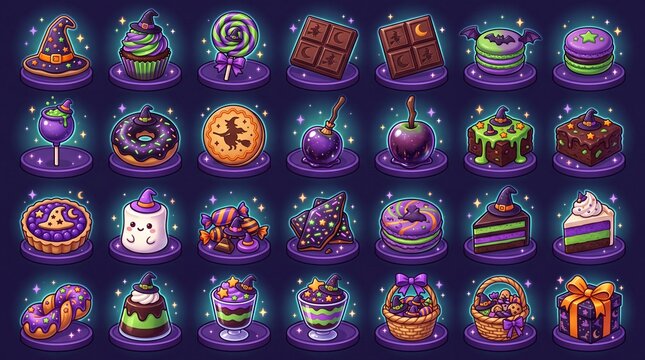Halloween sweets and spooky treats pixel art icon set containing icons for witch hat cupcake lollipop chocolate bar macaron donut caramel apple pie marshmallow candy basket and gift box for video game