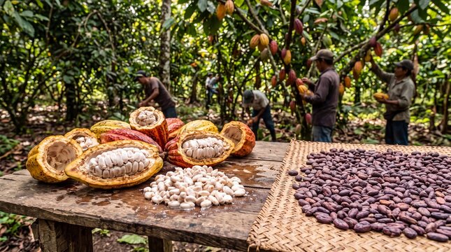 Workers harvesting fresh cocoa pods and processing raw cacao beans on a rustic wooden table in a tropical farm plantation sunny forest setting