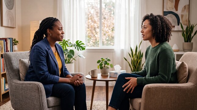 Two Professional Women Engaged In A Focused And Empathetic Consultation Session Within A Cozy Living Room Setting Promoting Mental Health Support