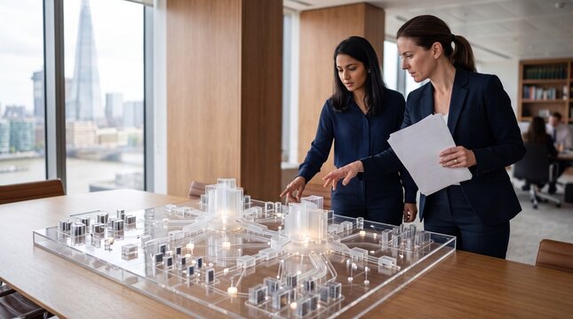 Two female professional architects collaborating on a detailed urban scale model project inside a bright modern high-rise office workspace