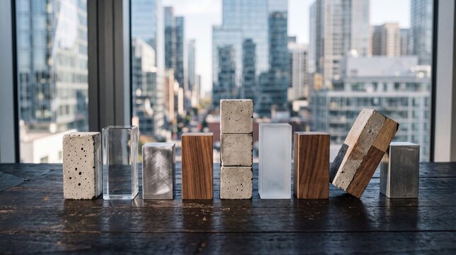 A diverse row of architectural material samples representing the multifaceted layers and structural foundation of urban building development