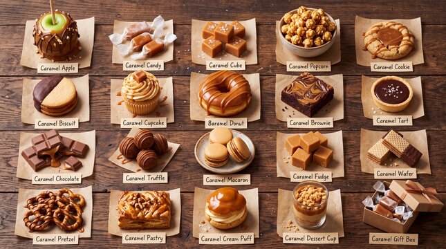 Assortment of caramel treats and sweets flat lay. Caramel apple. Caramel candy. Caramel cube. Caramel popcorn. Caramel cookie. Caramel biscuit. Caramel cupcake. Caramel donut. Caramel brownie. Caramel