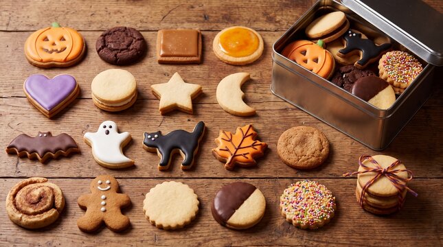Halloween cookies and assorted sweet treats flat lay on a rustic wooden table. Featuring a metal tin box pumpkin shaped cookies ghost bat black cat gingerbread man and colorful sprinkles