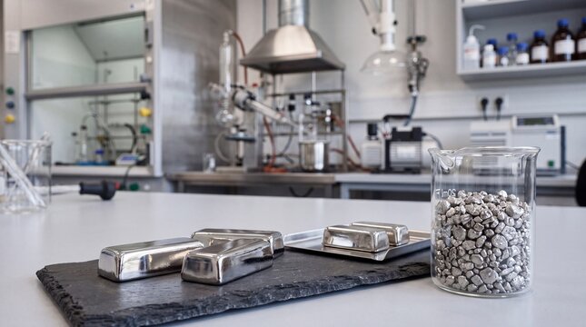 Industrial metals and chemical pellets displayed on a testing tray inside a professional laboratory environment for material analysis research