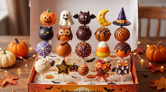 Halloween cake pops photo. Assorted chocolate desserts in a gift box with pumpkin ghost bat moon and witch hat shapes. Sweet treats arranged on sticks for holiday party dessert table