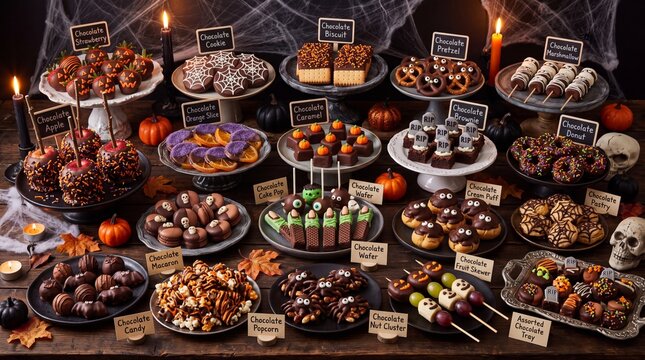 Halloween dessert buffet photo. Featuring chocolate strawberries and spooky cookies and caramel apples and spider treats. Delicious treats on dark wooden table with candles and skulls for party events
