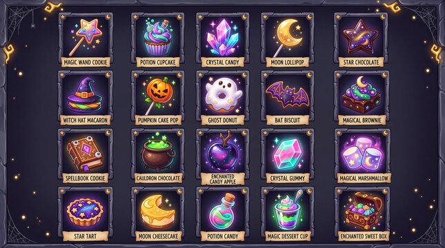 Magic sweets and Halloween treats game icon set containing icons for magic wand cookie potion cupcake crystal candy moon lollipop and star chocolate for fantasy video game interface design