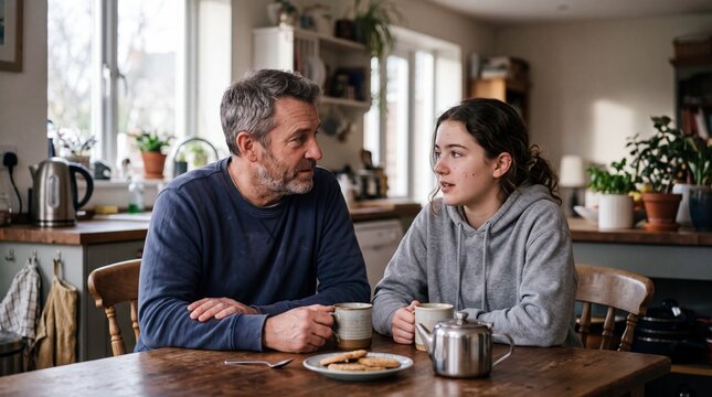 A thoughtful father having a meaningful conversation with his teenage daughter while drinking warm tea together in their cozy rustic kitchen