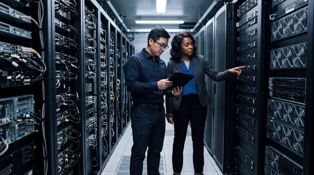 Two Professional IT Specialists Collaborating and Troubleshooting Server Hardware Infrastructure Inside a Modern High Tech Data Center Facility
