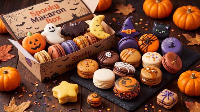Halloween macaron box photo. Assorted spooky French macarons shaped like ghosts bats pumpkins witch hats and black cats on a rustic wooden table with autumn leaves