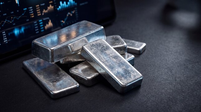 Refined stack of solid silver bullion bars displayed on a dark surface beside a digital tablet showing fluctuating financial investment charts