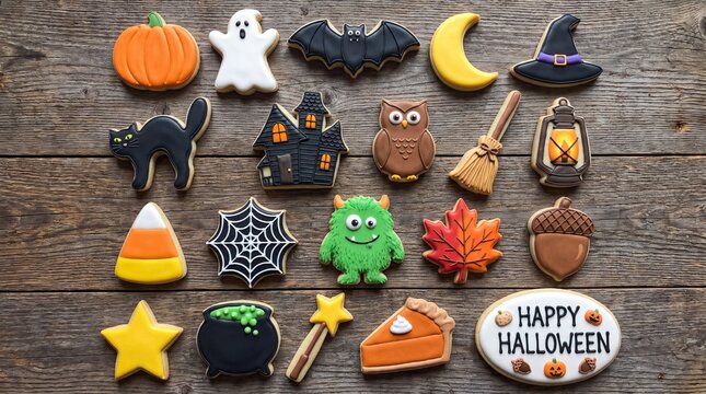 Halloween cookies collection. Featuring pumpkin ghost bat moon witch hat cat haunted house owl broomstick lantern candy corn spiderweb monster leaf acorn cauldron pie and sign
