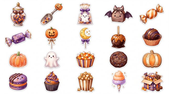 Halloween party treats and spooky sweets sticker set containing icons for candy jar ghost bat pumpkin lollipop caramel apple chocolate cupcake candy corn popcorn and gift box
