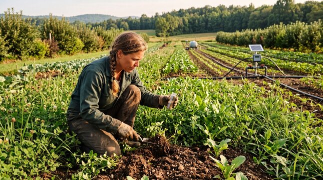 A dedicated female agronomist meticulously analyzes rich organic soil and young vegetable crops in a lush regenerative farm at golden hour