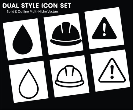 Dual Style Icon Set Featuring Solid and Outline Vector Graphics for Industrial and Safety Applications