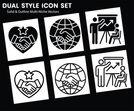 Business Icon Set Featuring Handshake and Presentation Symbols in Solid and Outline Vector Styles
