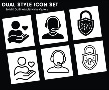 Dual Style Icon Set Featuring Customer Support and Security Symbols in Solid and Outline Vector Formats