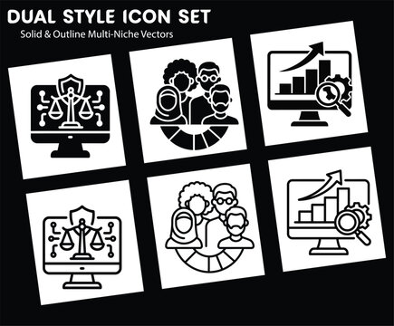 Dual Style Icon Set Featuring Solid and Outline Vector Graphics for Business and Technology Themes