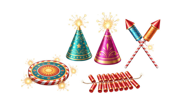 Festive firework collection with rockets and sparklers, colorful firecracker set for Diwali or New Year, 3D celebration elements on white background
