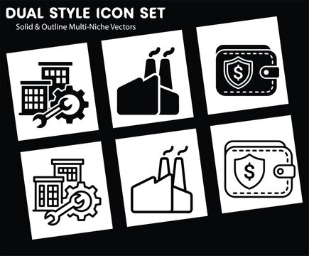 Dual Style Icon Set Featuring Industrial and Financial Symbols in Solid and Outline Vector Formats