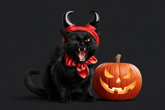 Black cat wearing red devil horns and bow beside carved pumpkin
