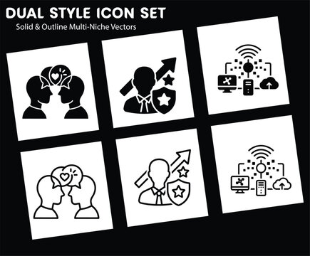 Dual Style Icon Set Featuring Solid and Outline Vector Graphics for Business and Technology Themes