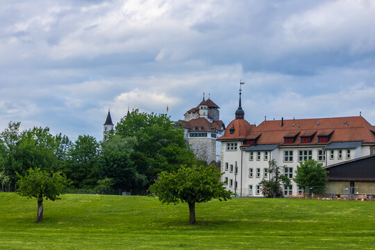 Historic building and Aarburg castle and in the old town of Aarburg in Switzerland.