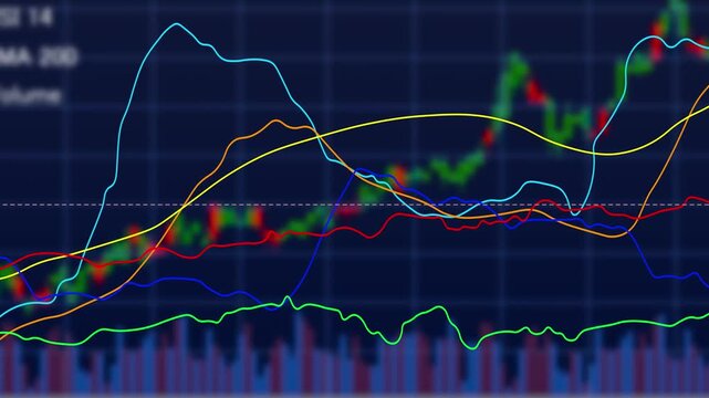 Multi line chart indicator blur candlestick chart on background screen, technical price graph and indicator, analysis investment portfolio volatility signal
