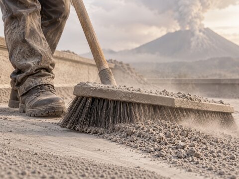 workers sweep volcanic ash after an eruption