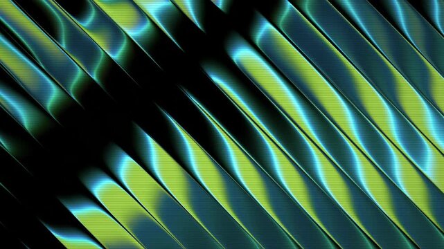 Abstract diagonal metallic stripes glowing with bright blue and vibrant green light reflecting across a dark futuristic geometric surface creating seamless motion background