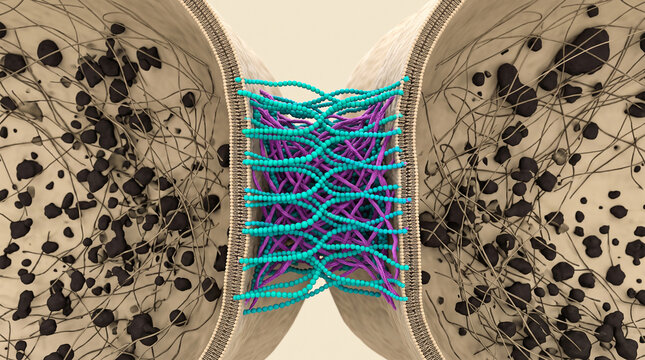 Detailed cellular biology visualization illustrating desmosome intercellular junction structure with protein filaments