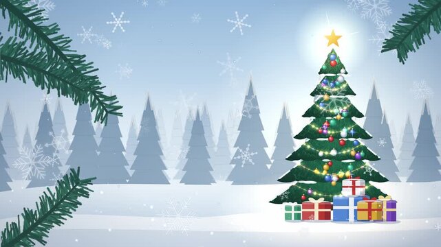 Christmas tree with glowing star and gifts in snowy winter landscape background