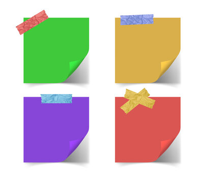 Set of colorful square sticky notes with crumpled paper tape attachments transparent background