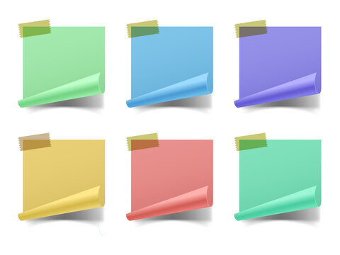 Set of colorful square sticky notes with curled corners and tape transparent background