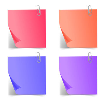 Set of colorful sticky notes with silver metal paper clips transparent background