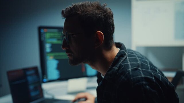 Young Caucasian male programmer write code on computer in home office at late night. AI technology, cybersecurity, software developer, freelance innovation, database system, digital network concept.