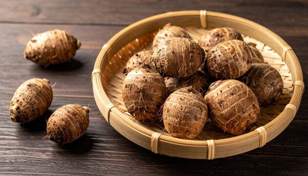 Fresh Japanese taro roots satoimo with brown skin in a round bamboo basket on a dark wooden table