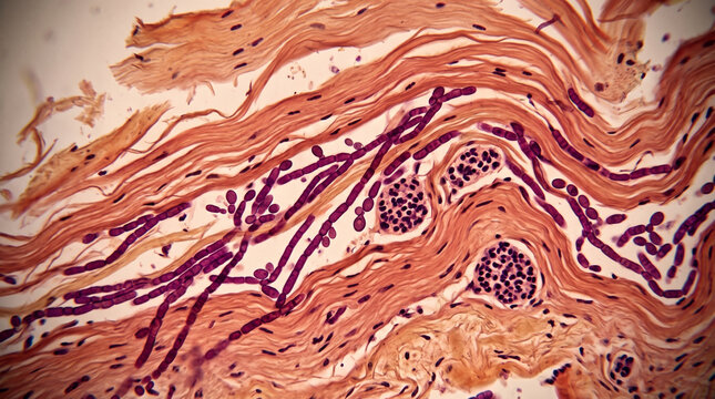Microscopic view showing candidiasis fungal infection spreading through human tissue fibers under magnification