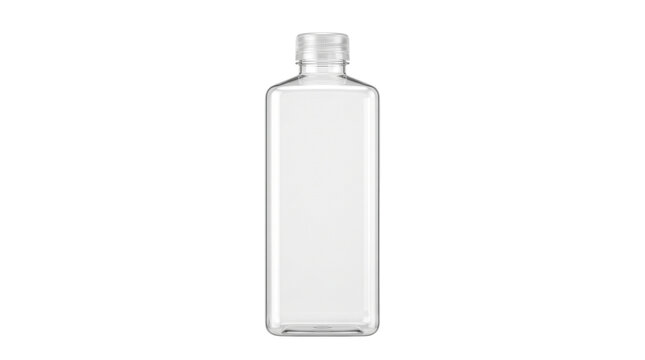 Clear plastic bottle mockup, empty transparent container for water or juice, rectangular beverage bottle for branding, minimalist packaging design isolated PNG with Transparent Background