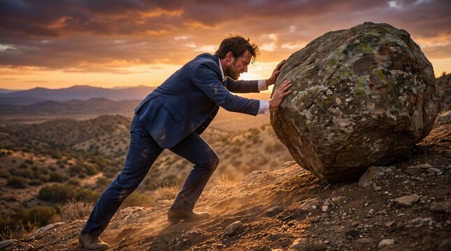 Exhausted businessman pushing a giant heavy boulder up a rocky hill at sunset