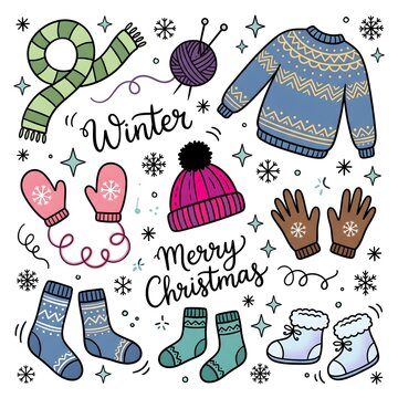 Winter clothes doodle set