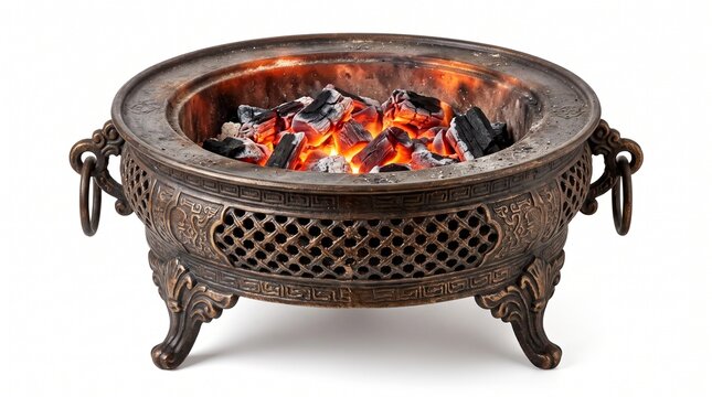 Ornate bronze charcoal brazier with glowing embers burning on a white