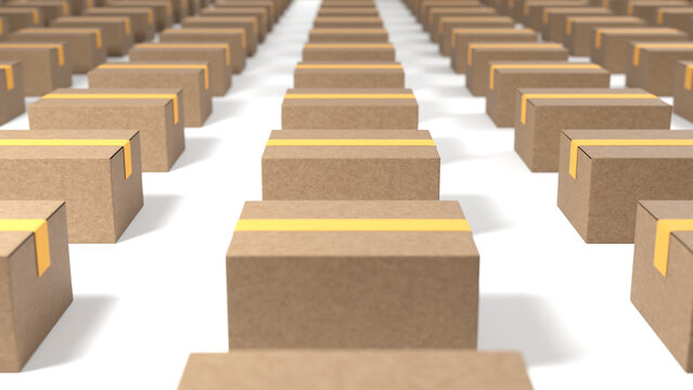Parcel boxes arranged in rows at warehouse ready for delivery shipping and distribution to customers, supply chain logistics
