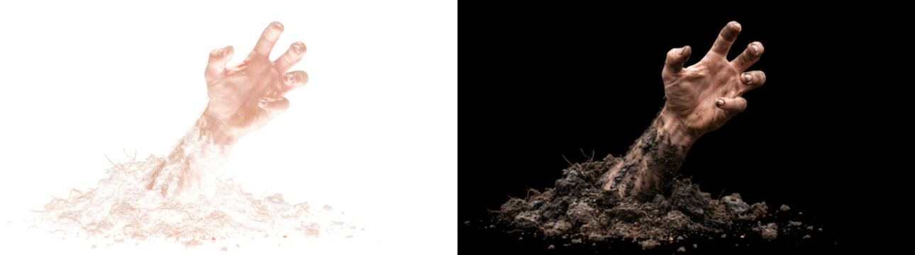 Zombie hand and muddy forearm bursting out of loose soil with tangled roots for Halloween artwork in PNG, Transparent and Black Background Versions