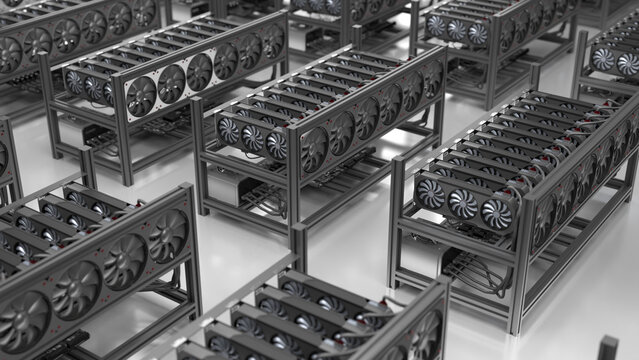 Crypto mining many rigs with gpu server rack and cooling fans in warehouse factory facility, blockchain hardware infrastructure technology processing