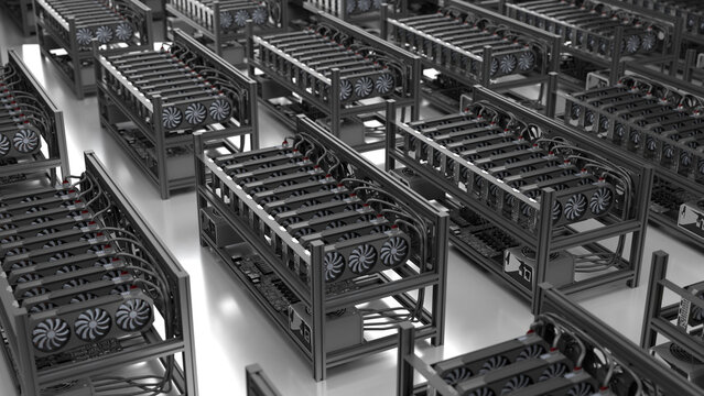 Crypto mining many rigs with gpu server rack and cooling fans in warehouse factory facility, blockchain hardware infrastructure technology processing