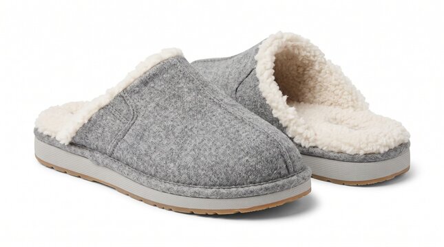 Grey felt slippers with white fleece lining isolated on a white
