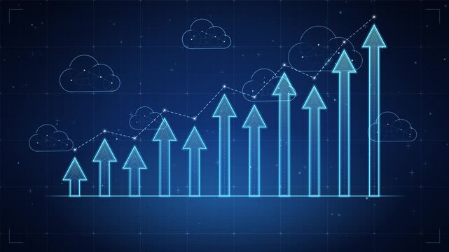 Glowing blue bar chart with upward arrows and digital data visualization growth concept background